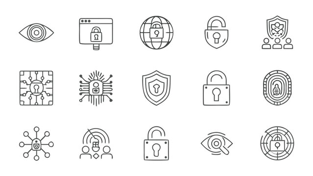 15 Digital Identity and Privacy Shield Technology Icons with Negative Space.