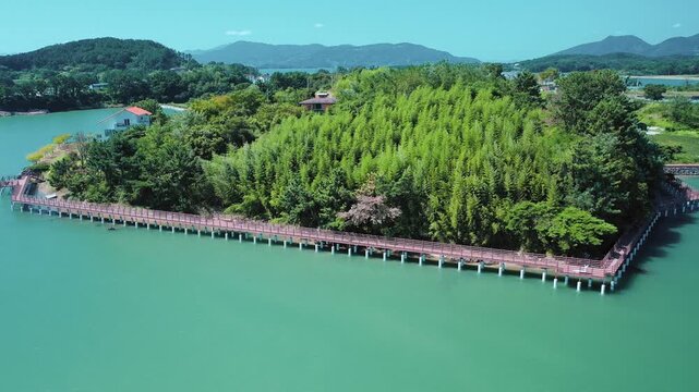 Aerial View of Bito Island in Sacheon with Emerald Sea, South korea