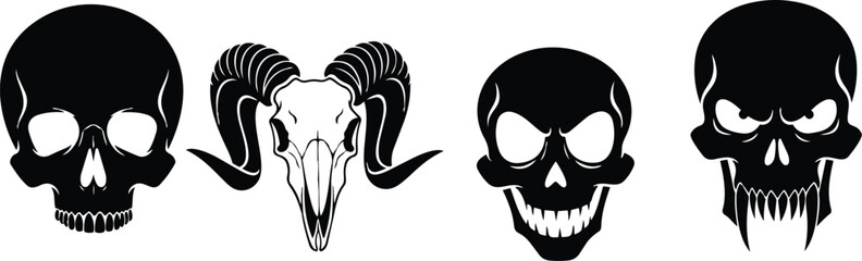 Obraz premium Black skull and horned ram silhouette icons, scary monster heads on white background