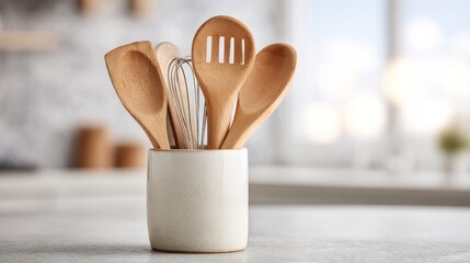 Wooden spoons and a metal whisk sit in a white ceramic jar on a modern kitchen counter. This clean culinary setup is ideal for home cooking concepts.