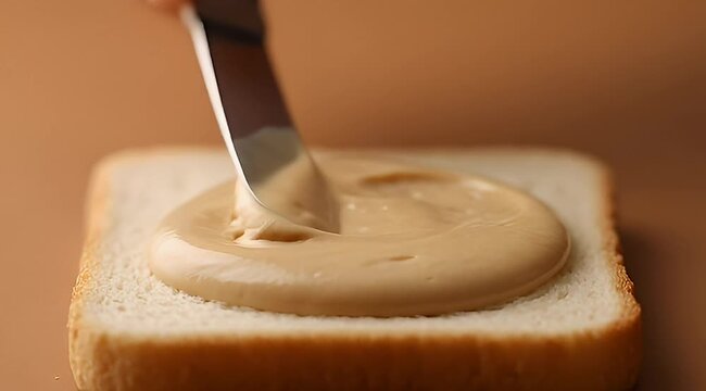 Spreading peanut butter on white bread with a knife, closeup studio shot