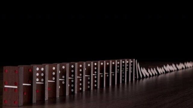 Wooden dominoes falling in row chain reaction, wooden block effect from continuous toppled block, prevention and development to stability, business strategy and risk management, butterfly effect