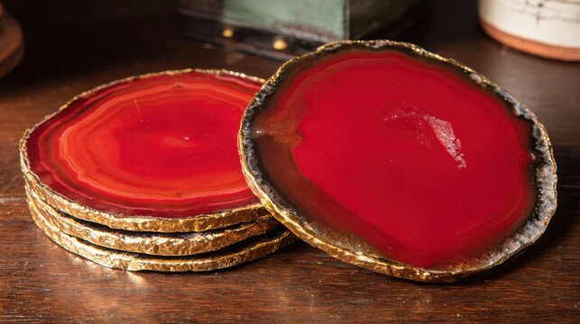 Stack of polished red agate coasters with gilded edges presented on a wooden surface