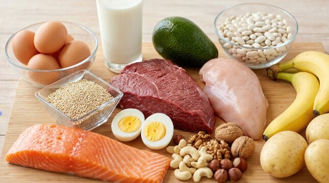 Healthy protein rich foods assortment on wooden table