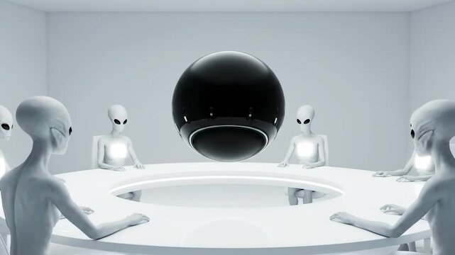 Extraterrestrial Council Meeting with Floating Black Sphere, Futuristic Alien Diplomacy in White Minimalist Room