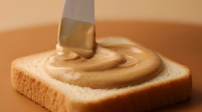 Creamy peanut butter being spread on a slice of soft white bread