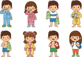 Set of cute cartoon children characters practicing daily morning routines including brushing teeth bathing and getting ready