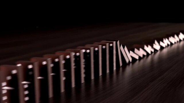 Wooden dominoes falling in metaphor chain reaction, concept Crisis idea, opportunity, innovation, new beginning, business strategy, risk management, prevention and development to stability