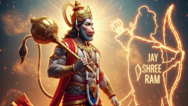 Hanuman Jayanti powerful lord Hanuman holding gada with glowing Rama silhouette and sacred Jay Shree Ram devotion scene spiritual hindu festival animated motion video