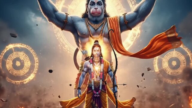 Hanuman Jayanti divine lord Hanuman blessing lord Rama spiritual hindu mythology festival scene glowing sacred aura cinematic animated motion background video