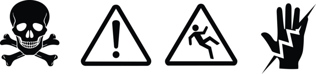 Black and white hazard silhouette icons with skull, caution triangle, slip and electric shock signs
