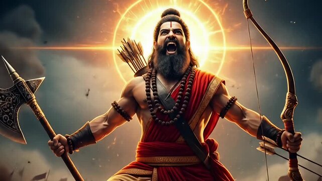 Parshuram Jayanti fierce hindu warrior sage with axe and bow on battlefield divine mythology festival scene cinematic animated motion background video footage
