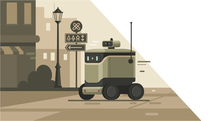 Fototapeta premium Autonomous delivery robot navigating a city street, showcasing modern urban logistics and futuristic last-mile solutions for efficient transportation.