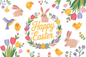 Easter bunny illustration with colorful flowers and happy Easter message