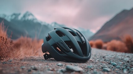 Fototapeta premium Aerodynamic Cycling Helmet with Vents and Strap Resting on Mountain Road