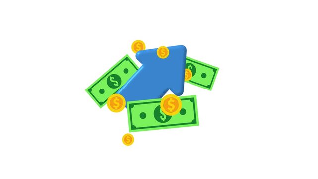 Coins, arrow and dollars in cash, money in vector flat style on a white background. Business and finance concept. 4K