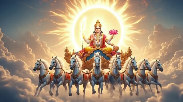 Surya Dev radiant hindu sun god riding divine chariot with seven horses across heavenly sky powerful mythology spiritual scene animated motion background video