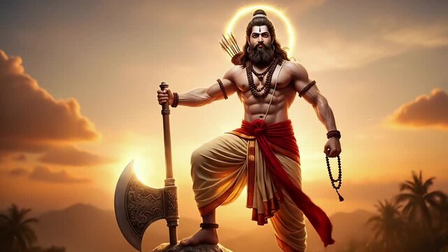 Parshuram Jayanti divine hindu warrior sage standing on sacred rock with powerful axe at sunset spiritual mythology festival cinematic animated motion background video