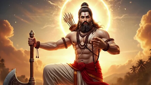 Divine warrior standing on sacred rock with axe glowing under radiant sun halo during Parshuram Jayanti hindu mythology spiritual festival cinematic animated motion video