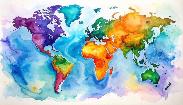 A vibrant watercolor world map with continents in bold colors and oceans in soft hues, blending geography and artistry to symbolize diversity, unity, and global creativity.