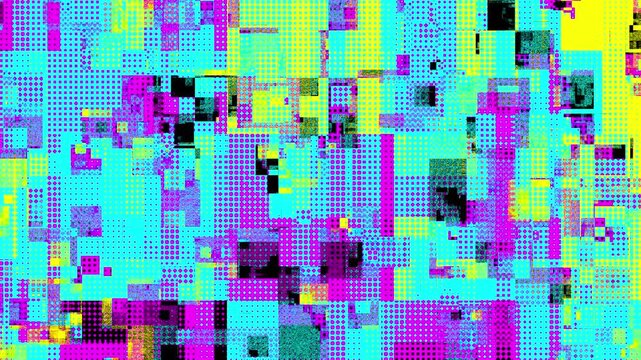CMYK halftone digital glitch pattern, vibrant colors, abstract composition, futuristic aesthetic
