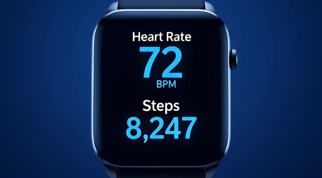 Close up image of a smart watch displaying heart rate and steps taken