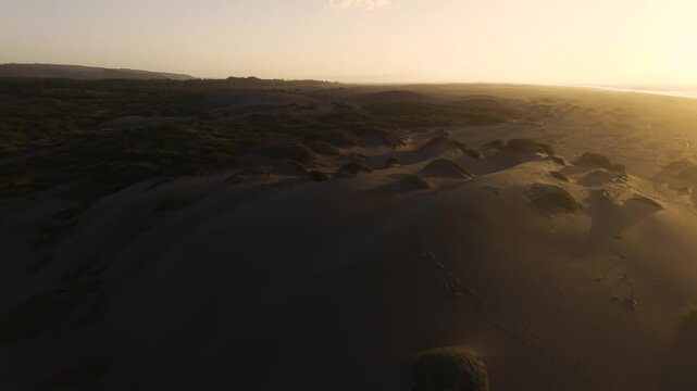 Golden hour aerial sweep over Dunas de Putu in Constitucion. Long shadows highlight rolling sand dunes and coastal vegetation Chile 4K