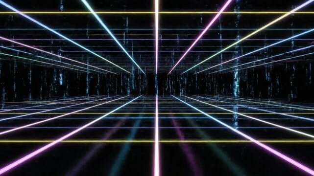 ultra modern digital abstract scene radiant neon geometric plane constructed from glowing squares and lines magenta cyan lime green yellow reflective surface stretching into infinity vertical luminous
