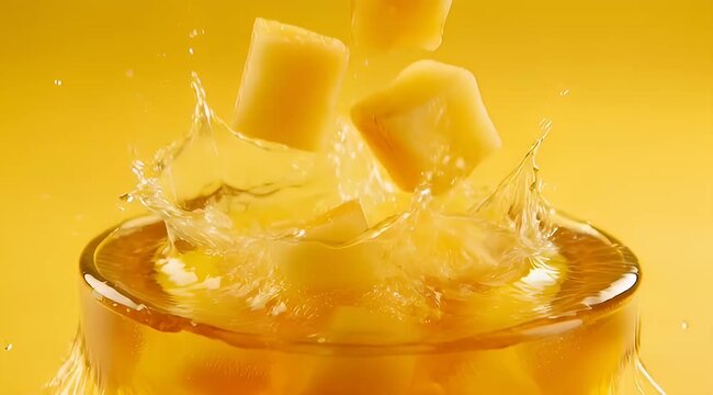 Refreshing pineapple chunks splashing into a glass of pineapple juice on yellow background