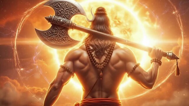 Epic divine warrior with sacred axe before blazing sun during Parshuram Jayanti hindu mythology spiritual festival cinematic sky animated motion background video footage