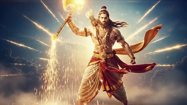Divine warrior holding glowing sacred axe in celestial sky during Parshuram Jayanti hindu mythology spiritual celebration animated motion background dramatic video footage