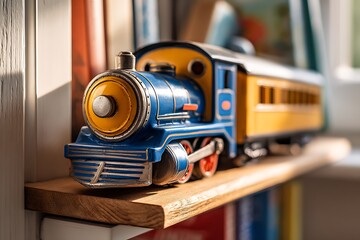 Vintage toy train sitting on wooden shelf
