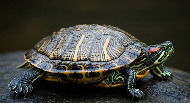 A turtle with a black and yellow shell on a dark surface viewed from the side, ssdsd (59).jpg