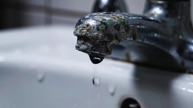 Corroded metal faucet dripping water into a white bathroom sink showcasing mineral deposits and potential plumbing issues video footage