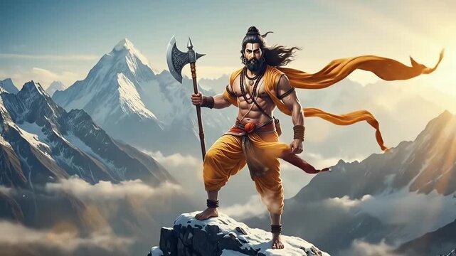 Powerful warrior sage standing on mountain peaks during Parshuram Jayanti hindu mythology divine celebration scene with dramatic sky animated spiritual motion background video footage