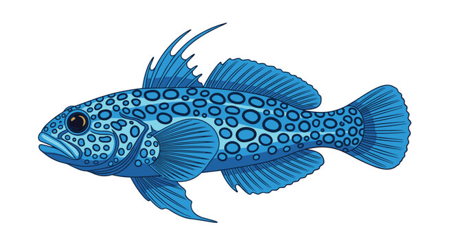 Beautiful illustration of a blue goby fish with dark spots and detailed fins swimming against a plain white background in a vector style.