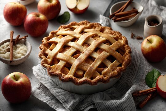 Cozy autumn-themed apple pie with a lattice crust surrounded by fresh apples, cinnamon sticks, and sugar on a textured gray surface