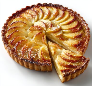 French apple tart with a slice cut out, showcasing a golden crust and arranged apple slices, presented on a white background for a clean, appetizing appearance
