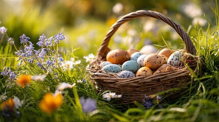 Fototapeta premium Basket of colorful Easter eggs in fresh green grass with spring flowers, natural daylight, close up outdoor spring holiday scene with copy space