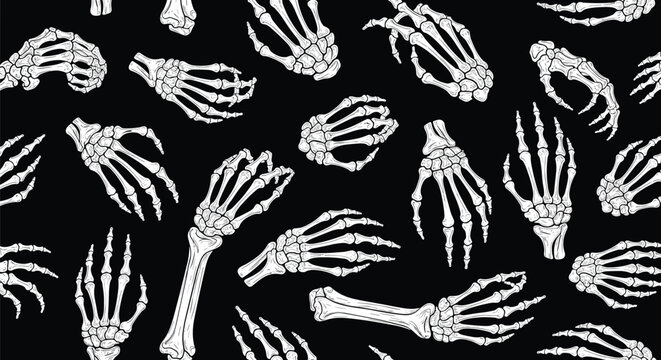 Spooky seamless pattern of white skeleton hands and arm bones in various poses scattered over a solid black background for a horror theme.