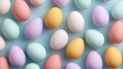 Pastel Easter eggs collection in soft pink, blue, yellow, and green, solid color background, flat lay, springtime festive decor