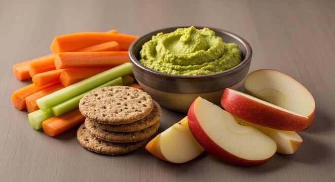 Hummus vegetables and crackers arranged for healthy snacking during a balanced diet with fresh produce being enjoyed as an afternoon treat Nutrition wellness and mindful eating with organic