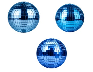 Fototapeta premium A sparkling blue disco ball reflects the bright party lights against a white background