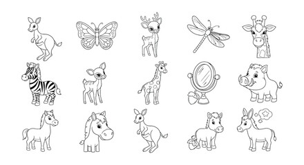 Charming collection of cartoon animals and objects in a simple line style