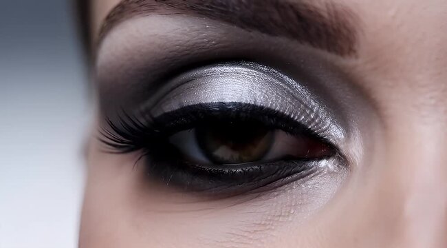 Dramatic close up of a hazel eye with heavy silver eyeshadow and eyeliner