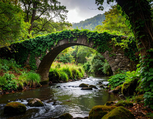Fototapeta premium Stone bridge over forest stream