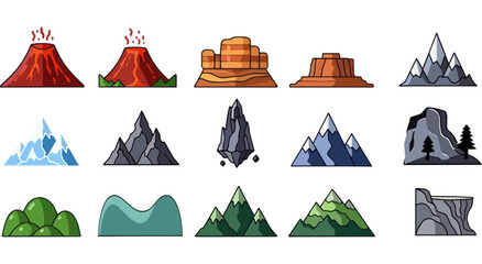 Diverse pixel art illustrations of stylized mountains with varied textures and colors Vector