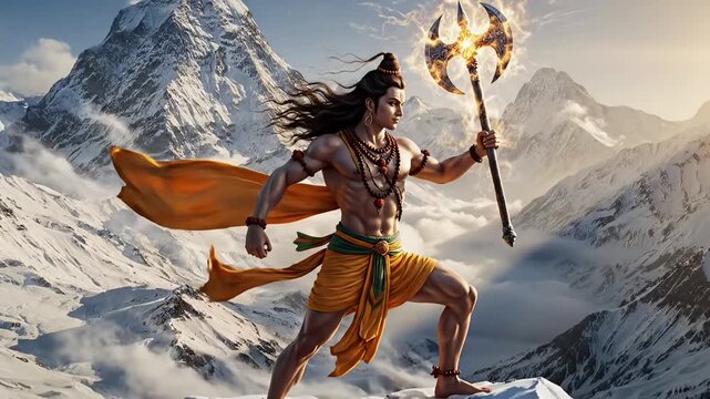 Epic hindu warrior sage with glowing sacred axe standing on snowy mountain peaks during parshuram jayanti divine mythology india culture animated motion background video footage