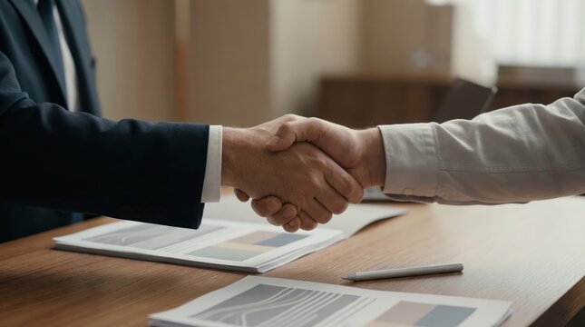 mortgage property terms value paperwork concept. Two professionals shaking hands over business documents.