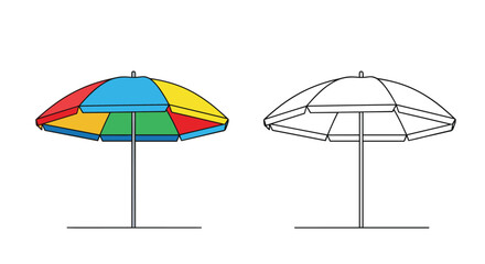 Obraz premium Vector illustration showing a bright multicolored beach umbrella next to its black and white line art version isolated on a clean white background.